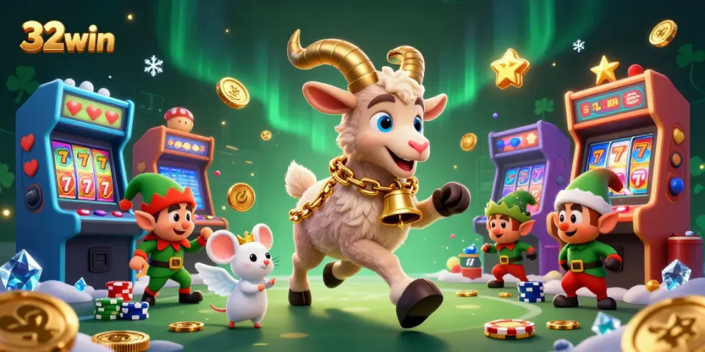 Experience the lively chaos of 32win as Krampus, an angel mouse, and mischievous gremlins engage in thrilling casino activities.