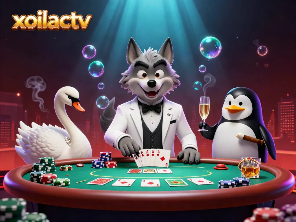Xoilactv offers a cartoon scene of a debonair wolf at a baccarat table with vibrant casino elements.