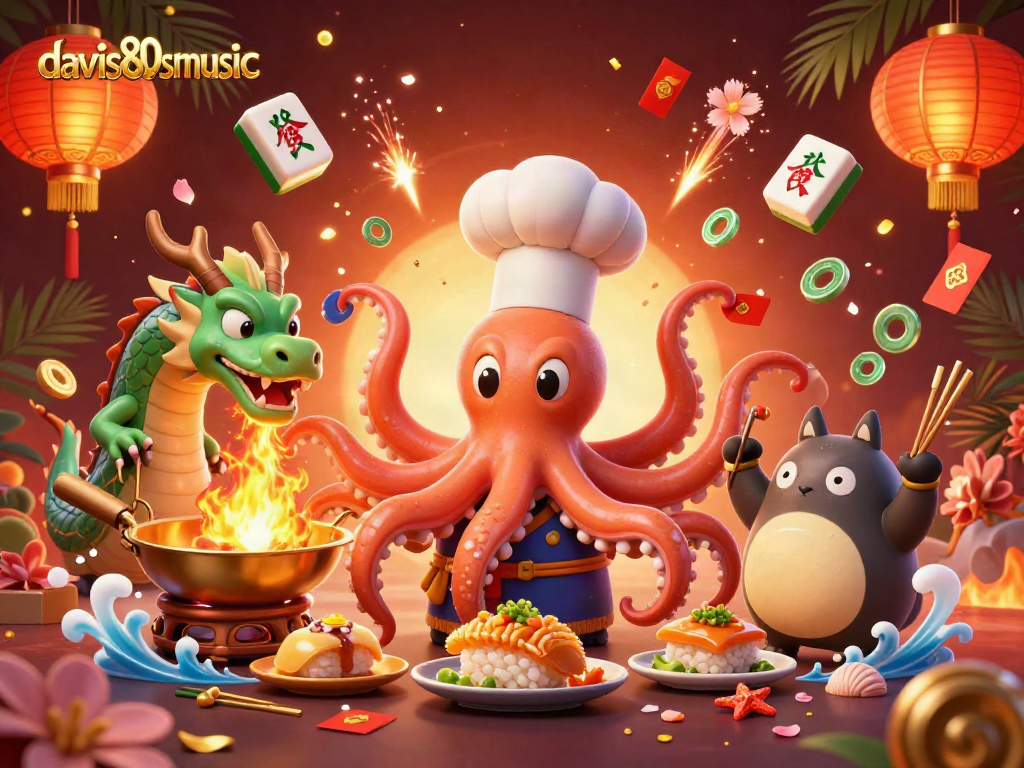 davis80smusic showcases a vibrant 3D illustration of an octopus sushi chef and a tanuki customer in a lively casino scene.