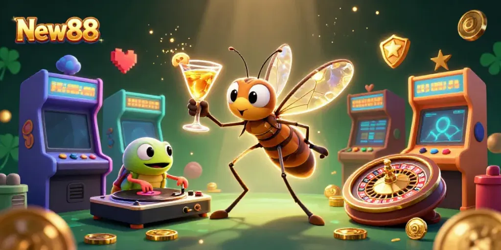 Experience the thrill of New88 with a vibrant casino mascot and dynamic gaming elements.