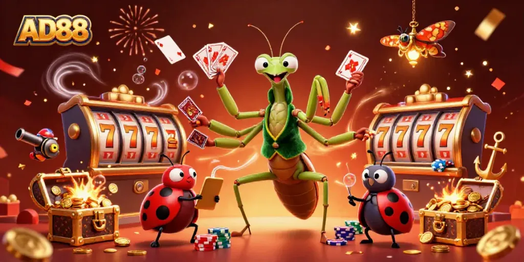 Engage in thrilling casino gaming with AD88, featuring vibrant characters, spinning slots, and exciting confetti effects.