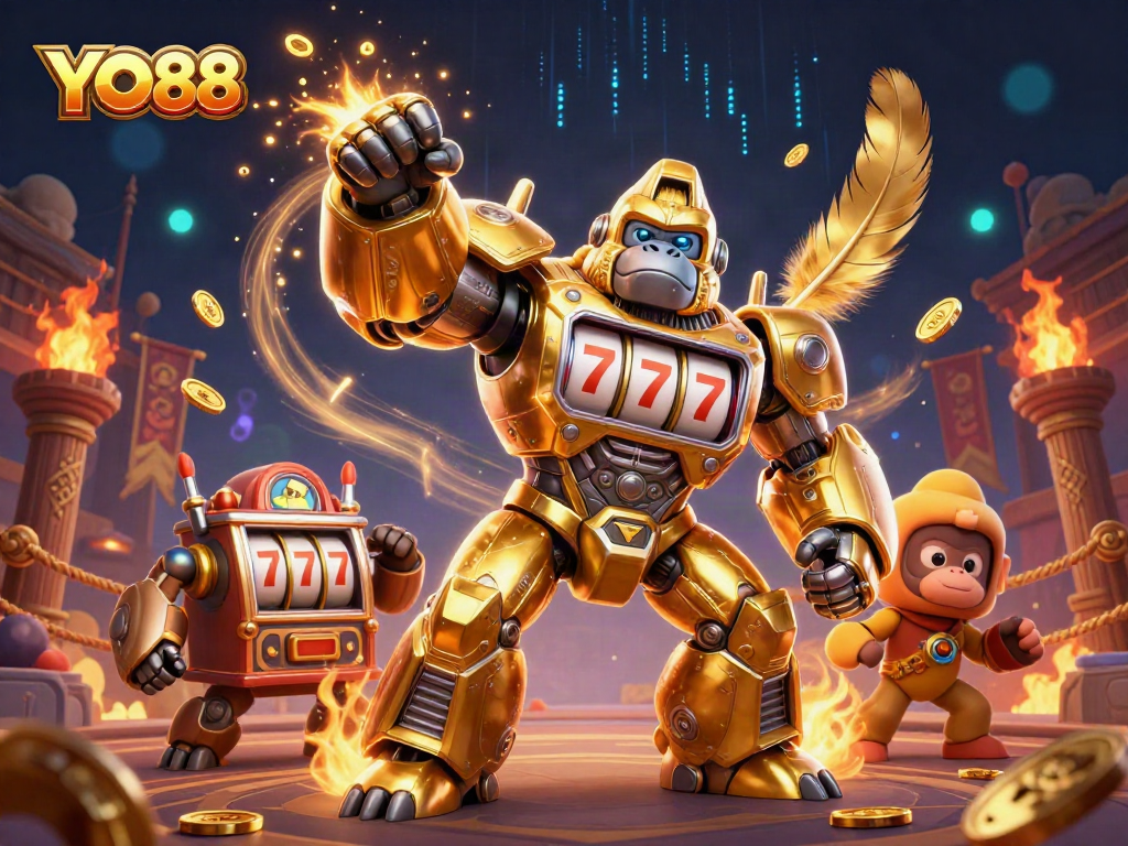 Engage with YO88's exciting gaming universe through a vibrant, 3D-rendered action scene.
