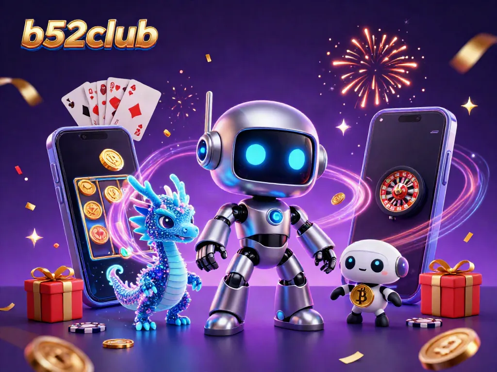 Experience dynamic gaming excitement with b52club's playful cyberpunk robot and holographic companions!