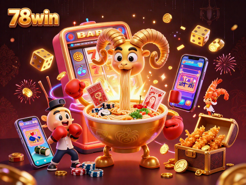 Join the excitement at 78win with a vibrant casino-themed illustration packed with characters and games.
