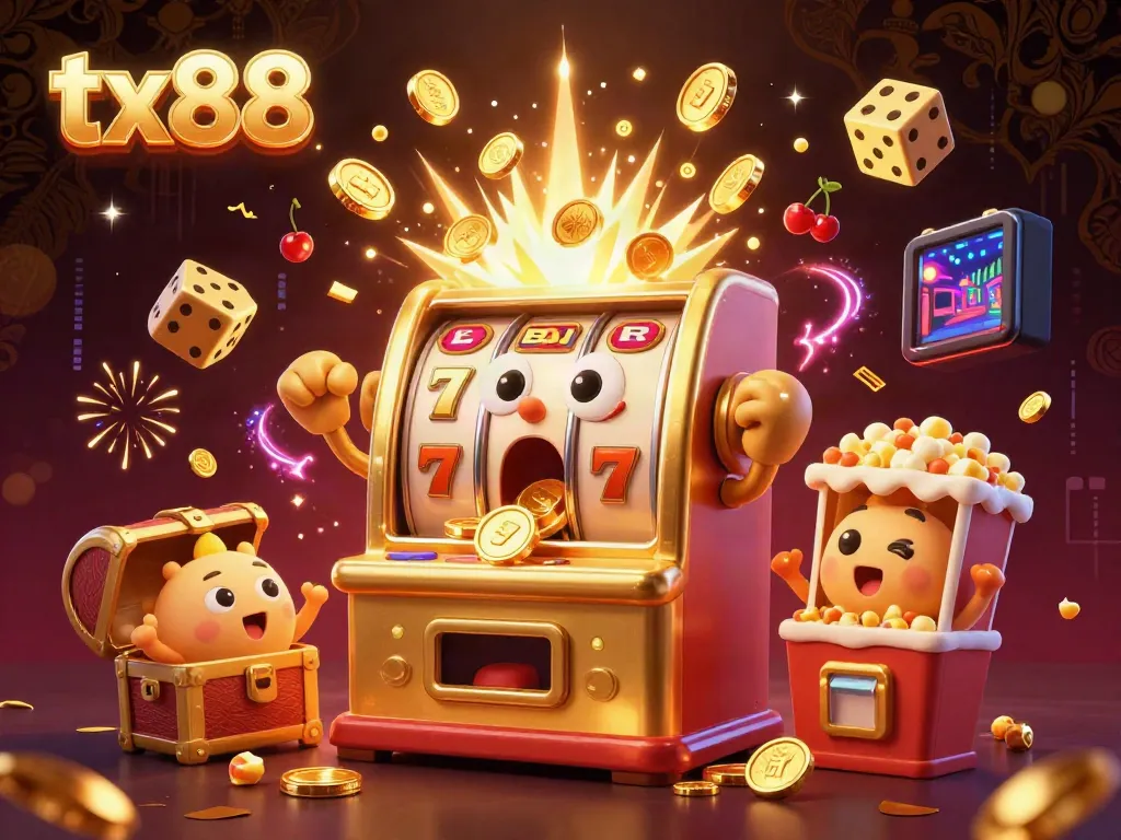 Experience excitement with tx88's 3D jackpot slot machine explosion and cheering characters amidst casino elements.
