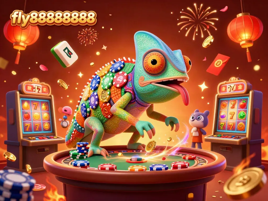 Fly88888888's energetic casino scene showcasing colorful characters and festive game elements.