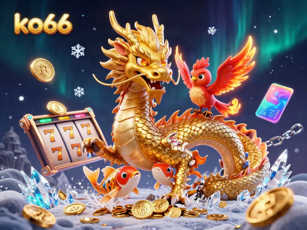 Experience the thrill of ko66 with a vibrant 3D scene featuring a dragon, phoenix, and koi fish amidst slot machines.
