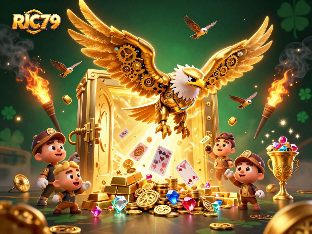 Engage in dynamic gameplay with RIC79 as a cybernetic eagle soars through holographic cards.