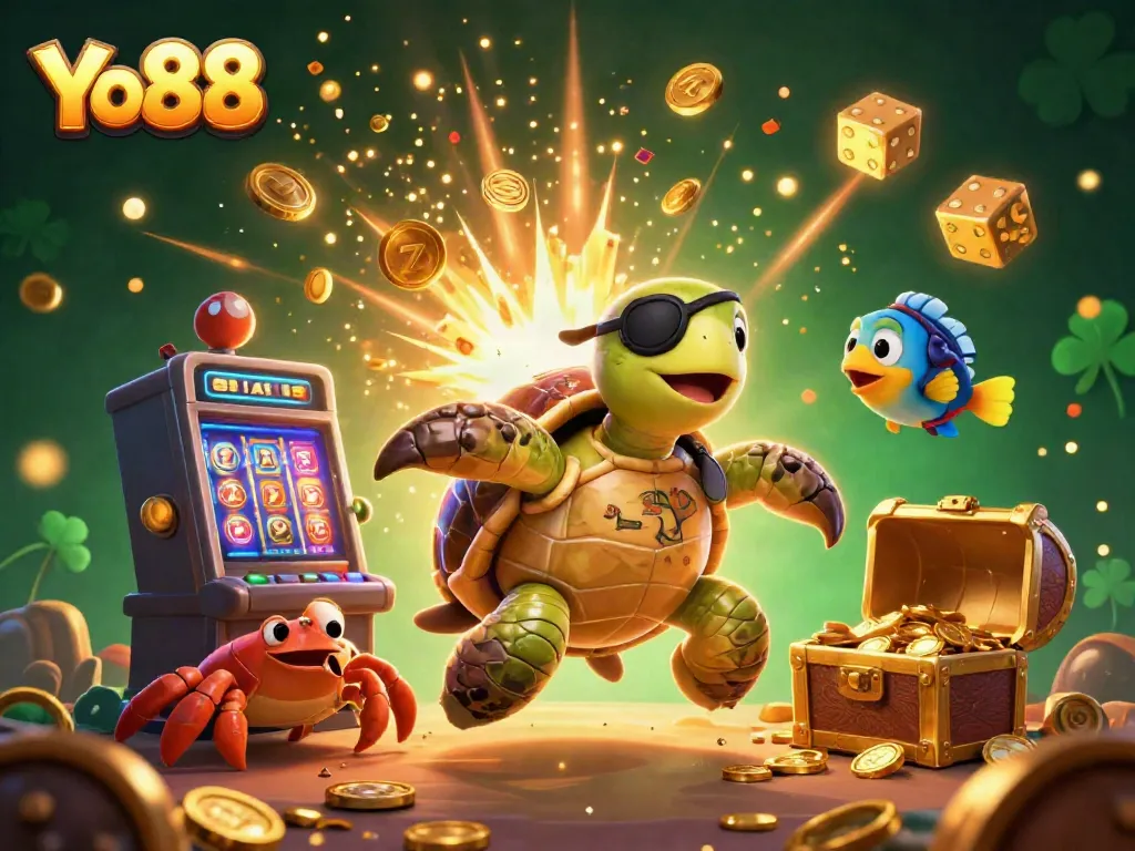 Experience the excitement of Yo88 with a colorful 3D scene featuring vibrant characters and a jackpot explosion.