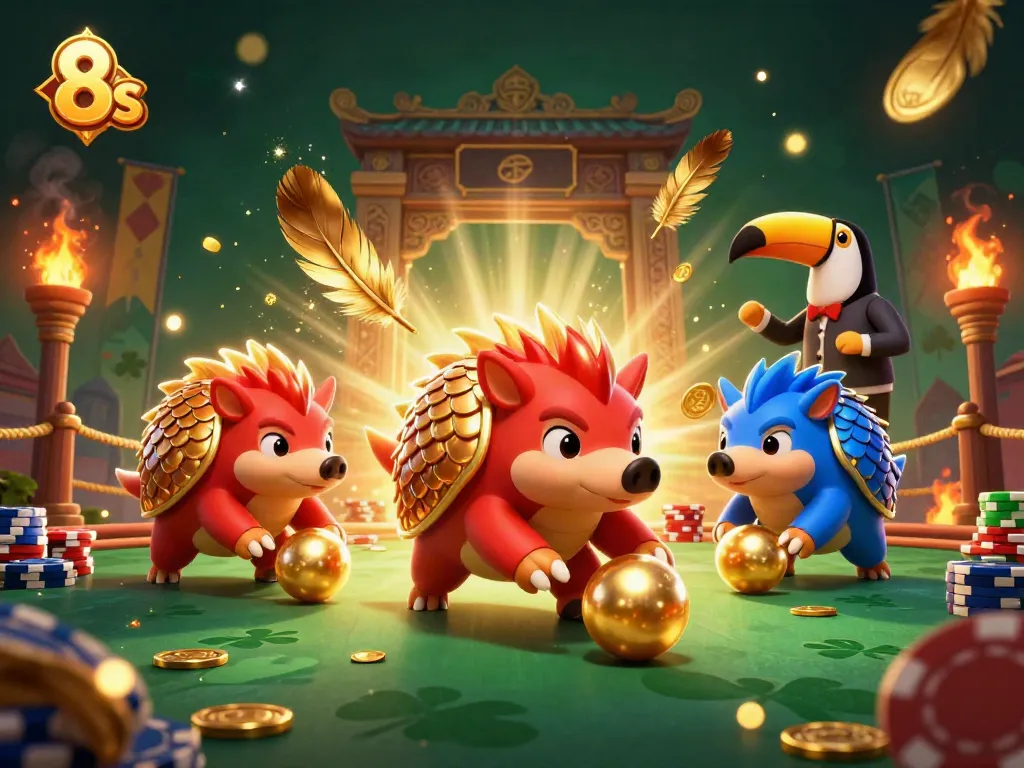 Witness the thrilling 8s showdown as rival pangolins roll through golden balls and poker chips.