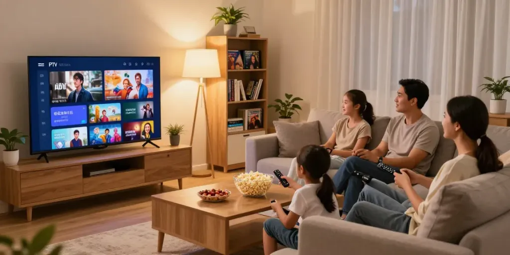 Family enjoying IPTV subscription service in a cozy living room.