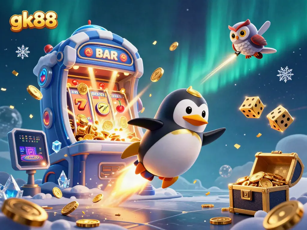 Spin the gk88 jackpot with a cartoon penguin soaring through a casino-themed space environment.