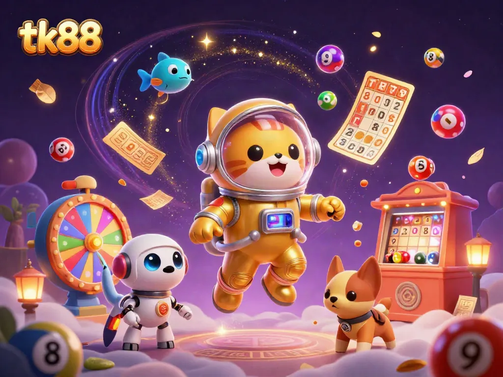 Engage in fun with tk88's vibrant world of lottery, filled with colorful balls and exciting game elements.