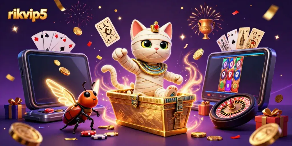 Engage in exciting gameplay at rikvip5 with a vibrant casino scene featuring a mummy cat and treasures.