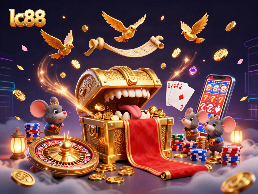 Spin the wheels of fortune with lc88, surrounded by golden treasures and animated casino elements.