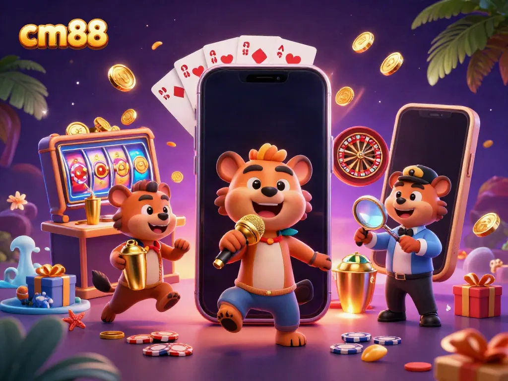 Experience the excitement of cm88 with vibrant games and fun characters in this lively casino scene.