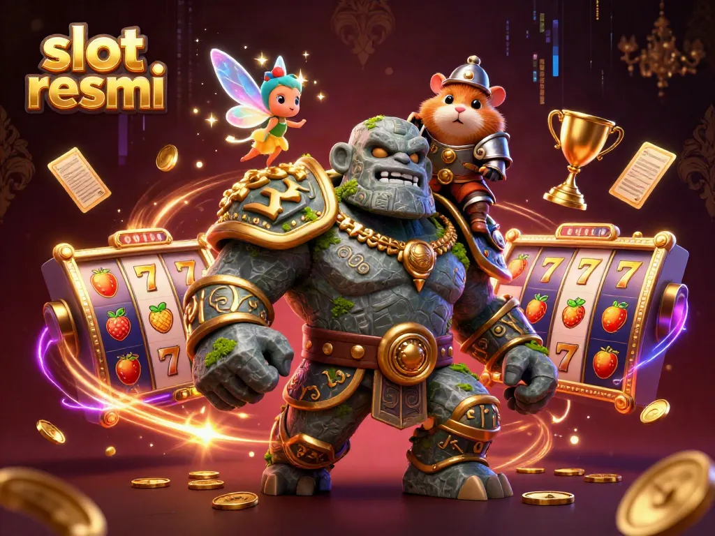 Experience an enchanting scene with the slot resmi characters, displaying vibrant slot reels and a brave hamster knight.