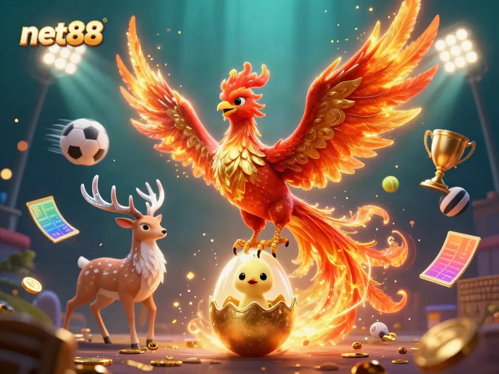 Engage in thrilling gameplay at net88 as the phoenix rises among sports elements and vibrant energy.