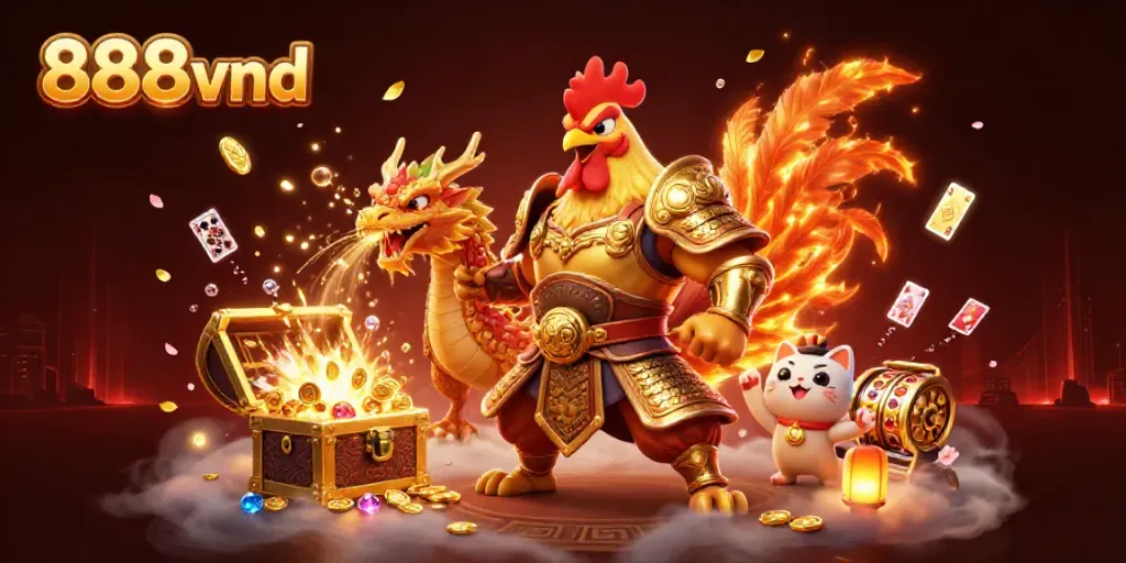 Engage with 888vnd's vibrant casino scene featuring a rooster warrior and dragon amidst gold treasures.
