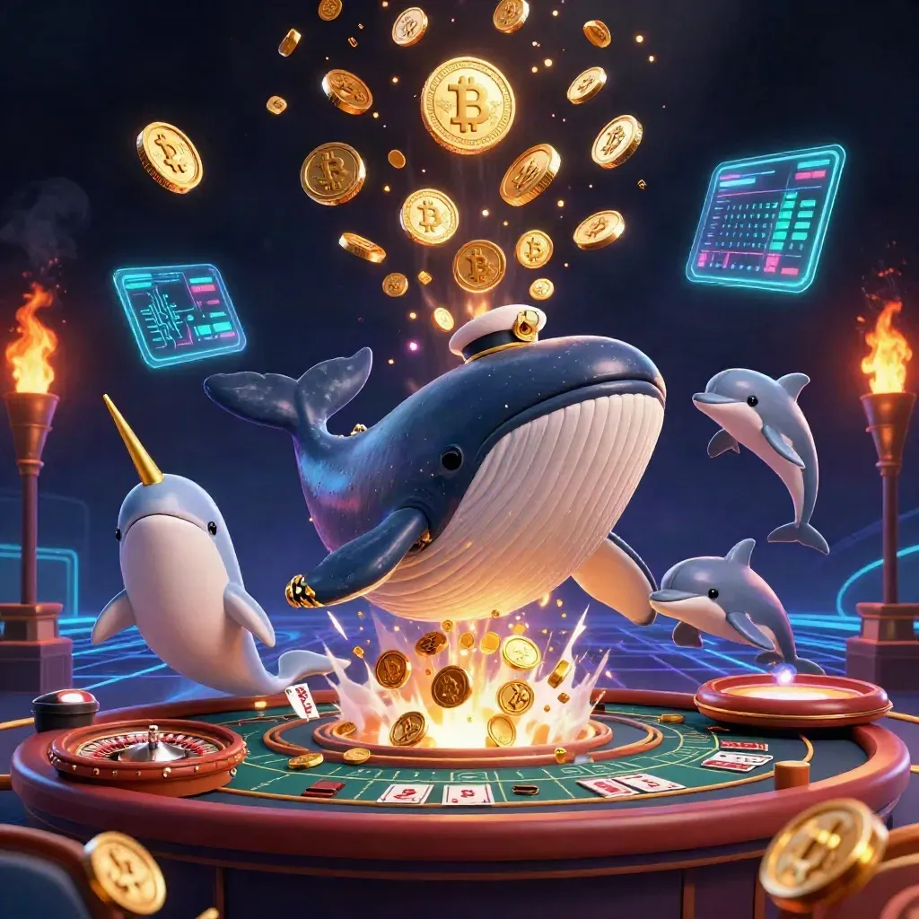 Hero whale captain, narwhal, and dolphins in a neon casino explosion of coins and light