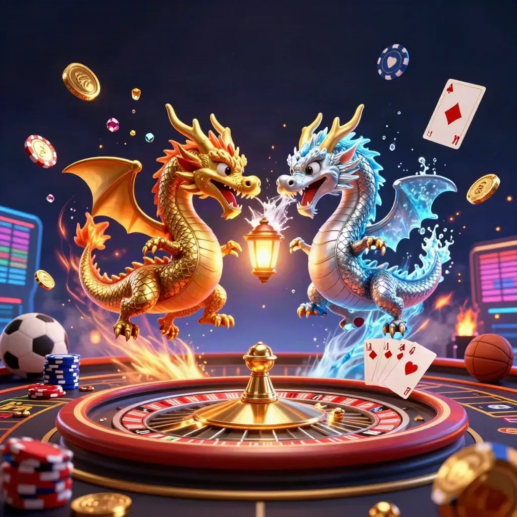 Gold and silver dragons swirl with coins, roulette, cards, chips, ball and neon scoreboard glow.