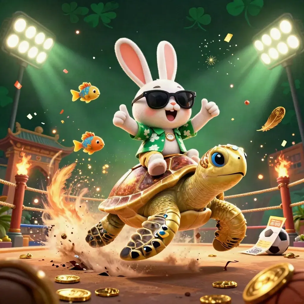 Lucky rabbit rides a golden sea turtle amid sports props, coins, confetti, and glowing casino magic.