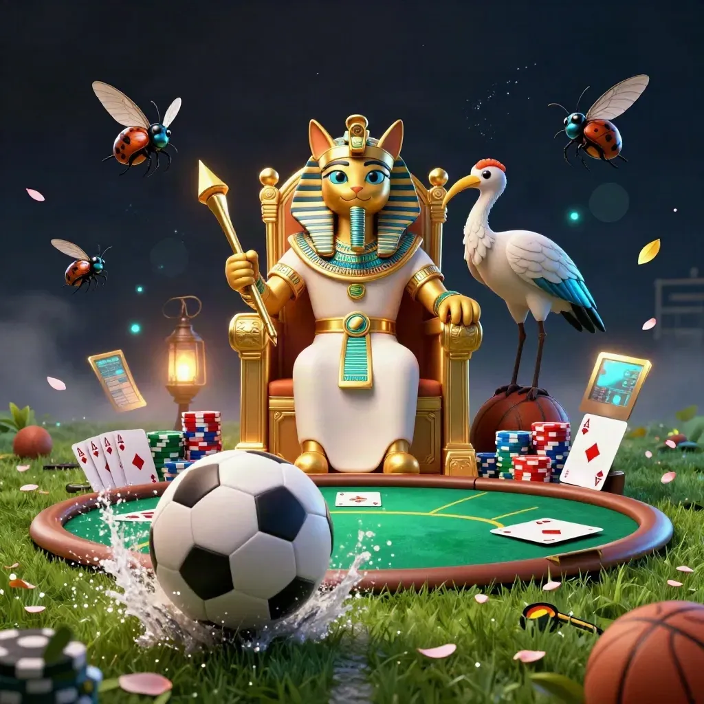 Pharaoh cat, ibis scribe, scarabs, soccer ball, casino chips, and glowing magic in a luxe football blast