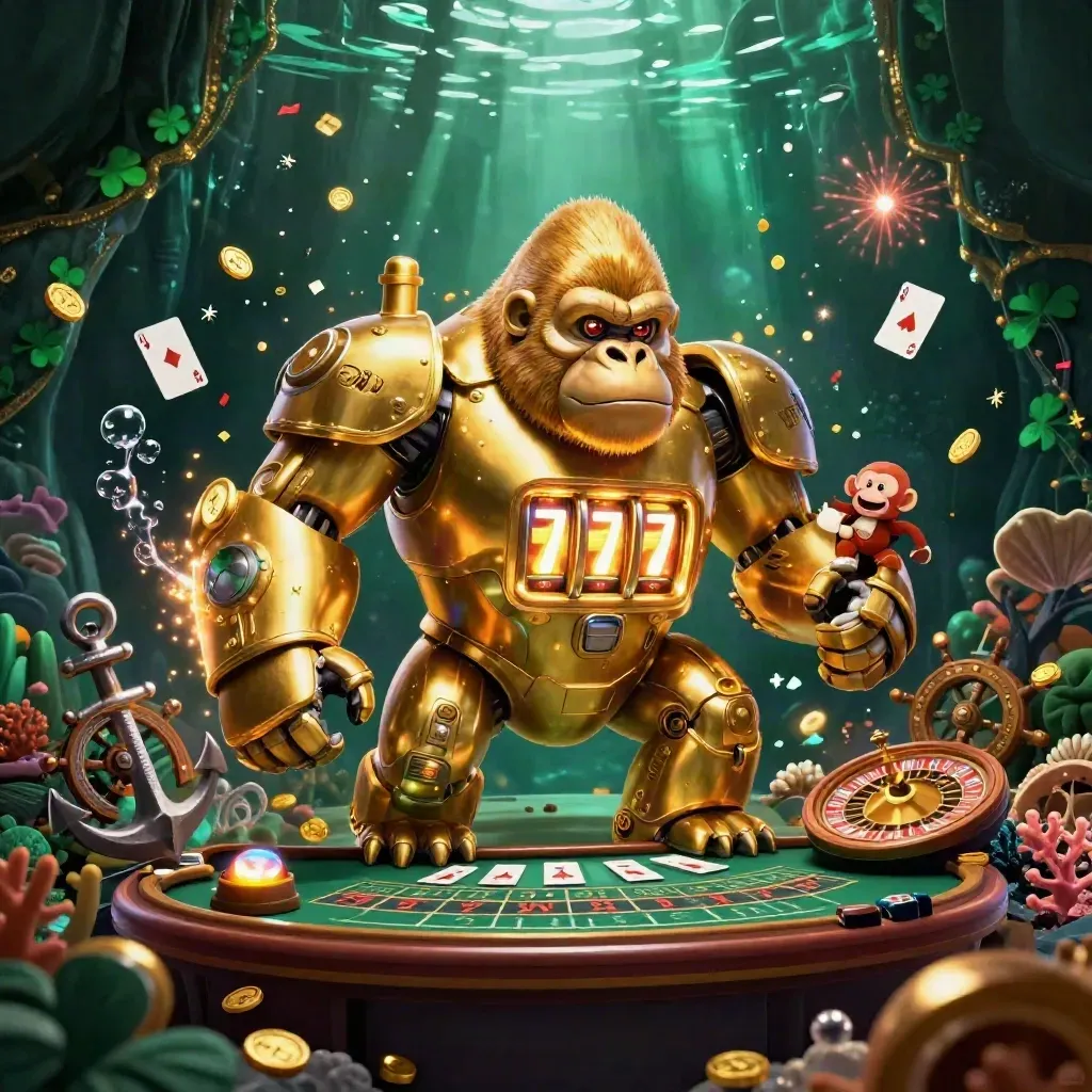 Golden gorilla mech with monkey pilot erupts from a treasure cove amid emerald casino magic.