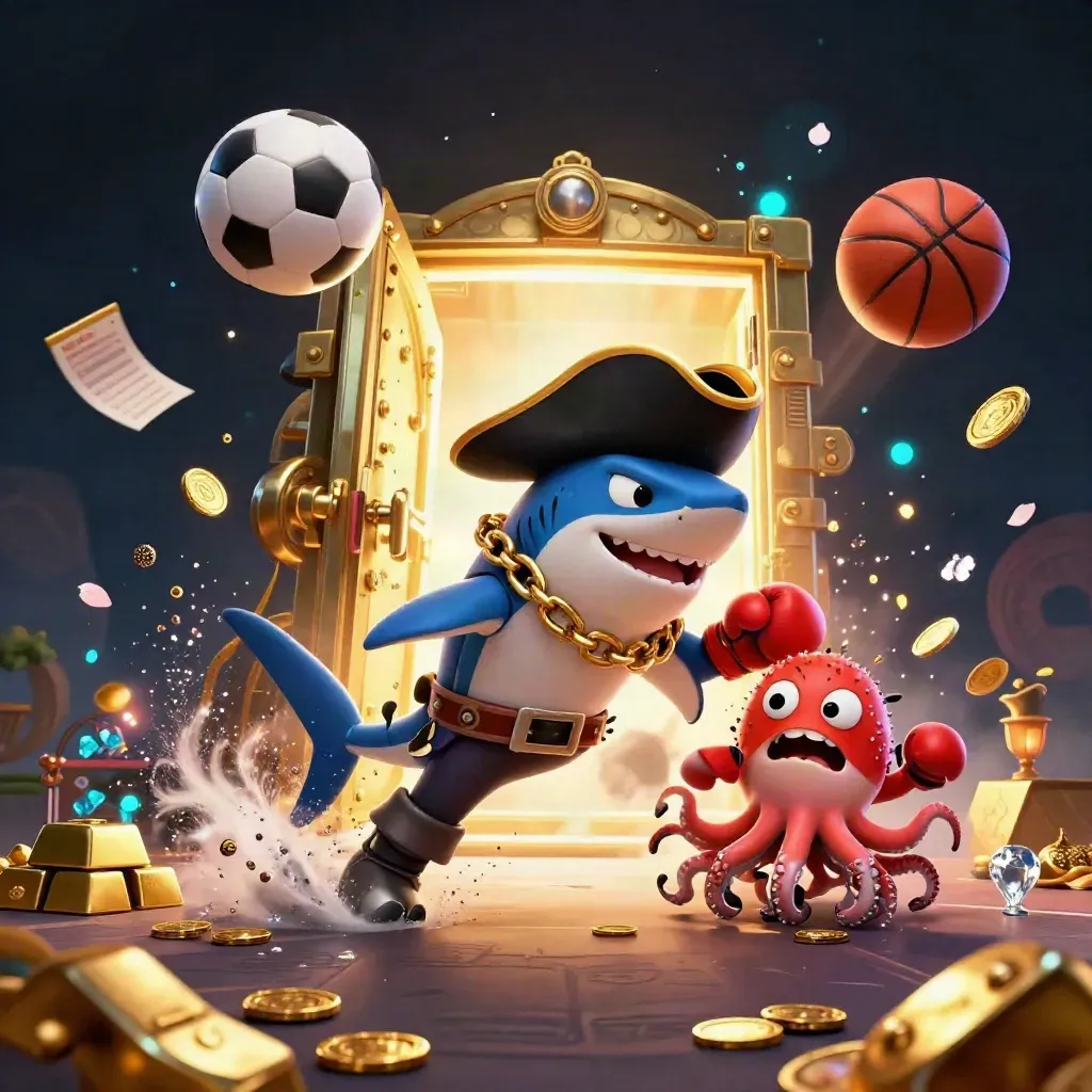 Pirate shark, pufferfish, and baby octopus amid a gold vault burst and flying sports balls.