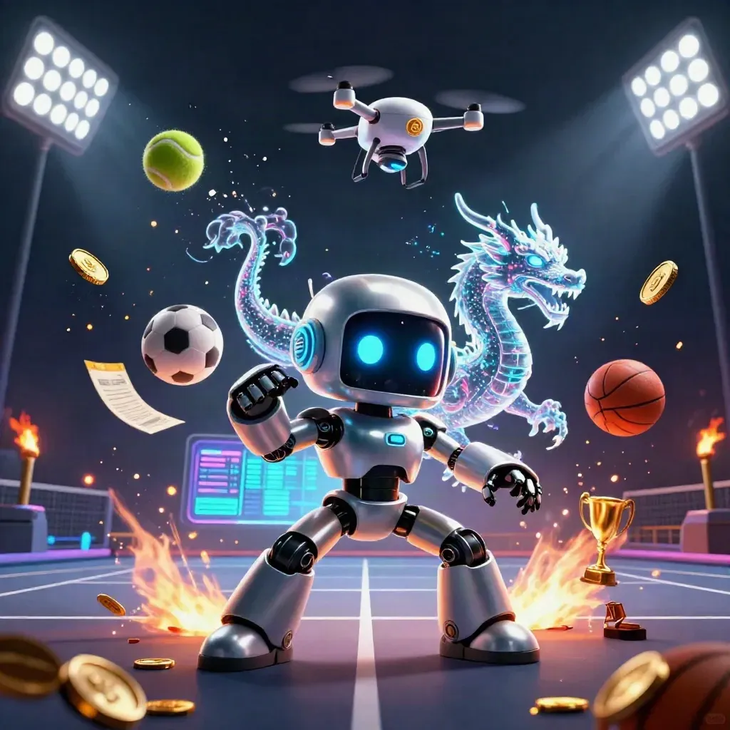 Cyberpunk robot, hologram dragon, and coin drone amid flying sports balls and gold coins on a neon court