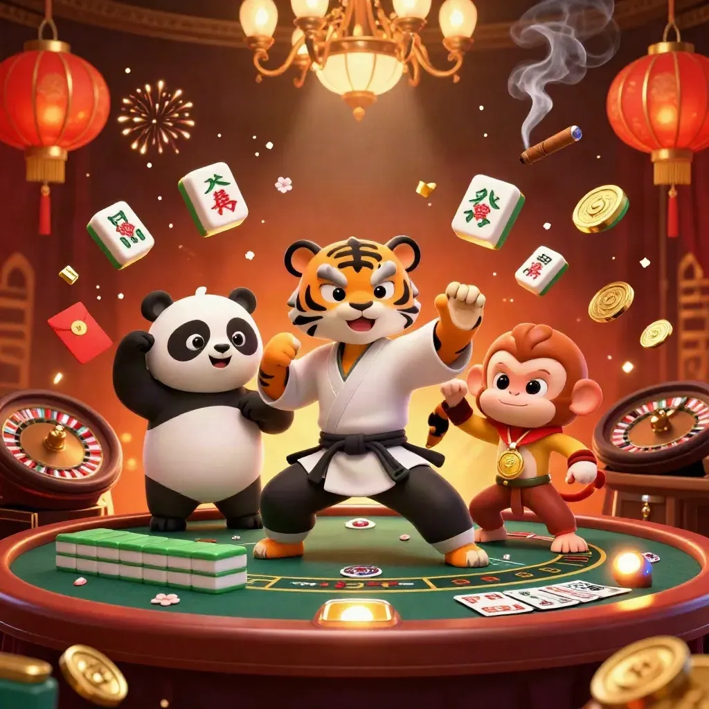 Kung-fu tiger, panda, and monkey in a glowing casino with lanterns, coins, and a spinning roulette wheel