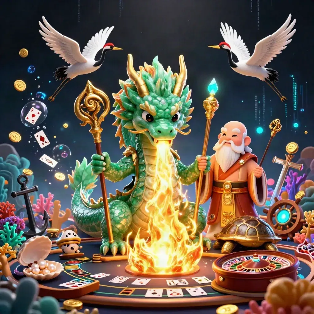 Emerald dragon, turtle sage, and cranes amid treasure cove glow, cards, roulette, and gold light