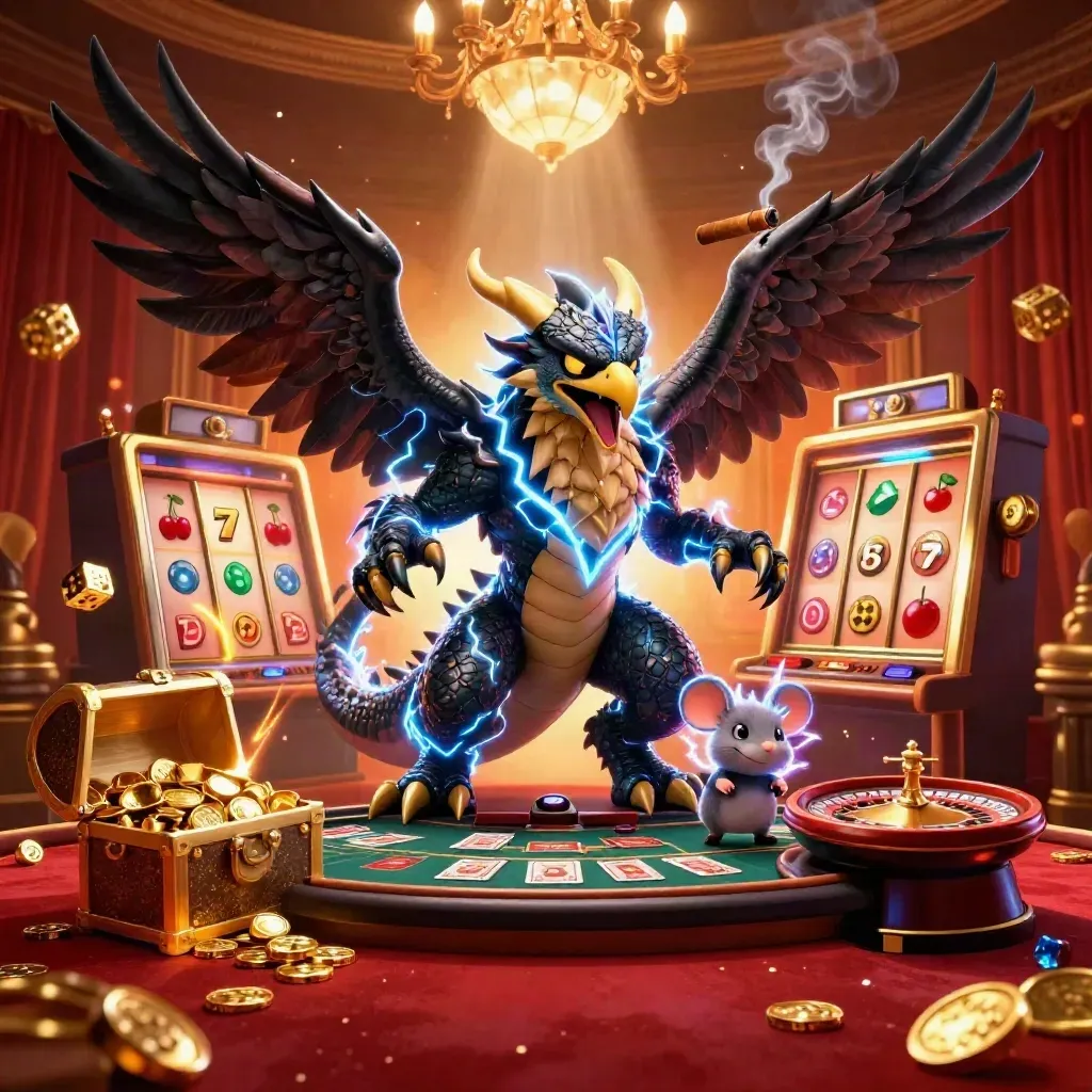 Thunder dragon, wind hawk, and static mouse amid glowing casino chaos and gold.