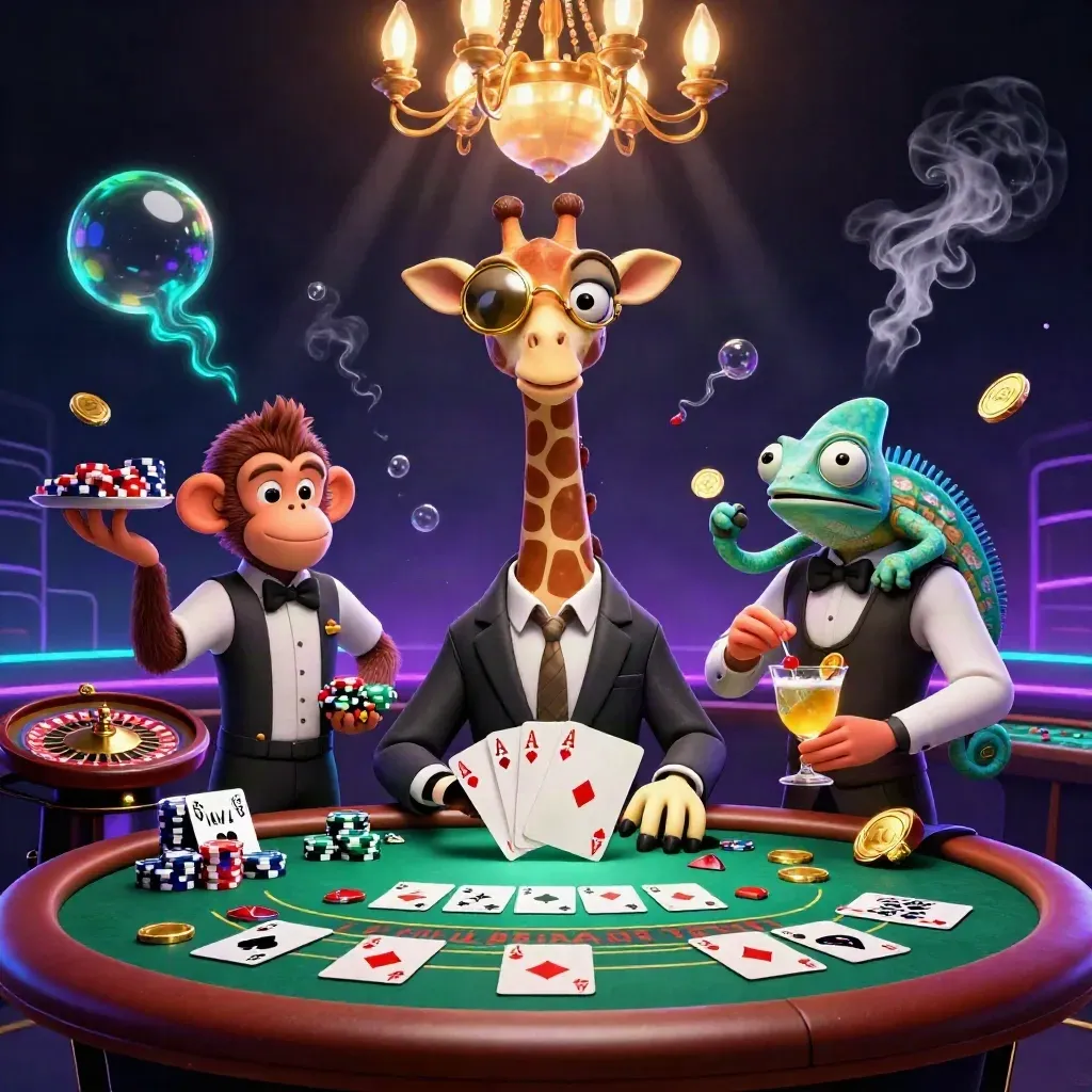 Giraffe, monkey valet, and chameleon bartender in a luxe neon casino with cards, chips, and a chandelier.