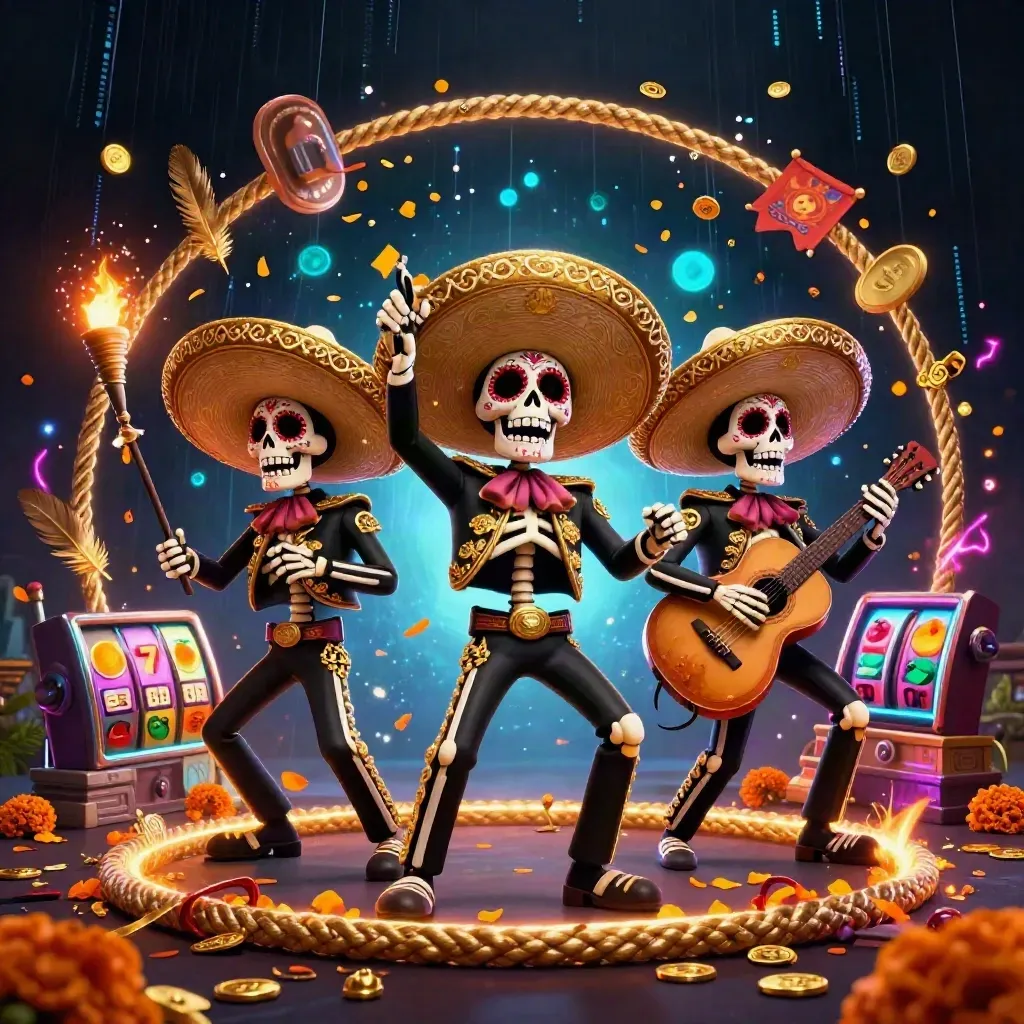 Three skeleton mariachi musicians spin through ember sparks, coins, petals and neon casino magic.