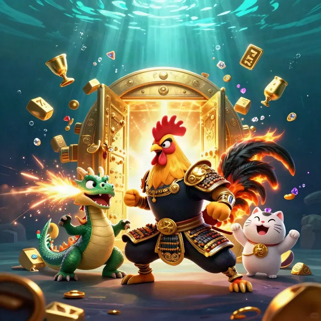 Rooster warrior, dragon hatchling, and fortune-cat burst from a gold vault in cyan underwater glow.