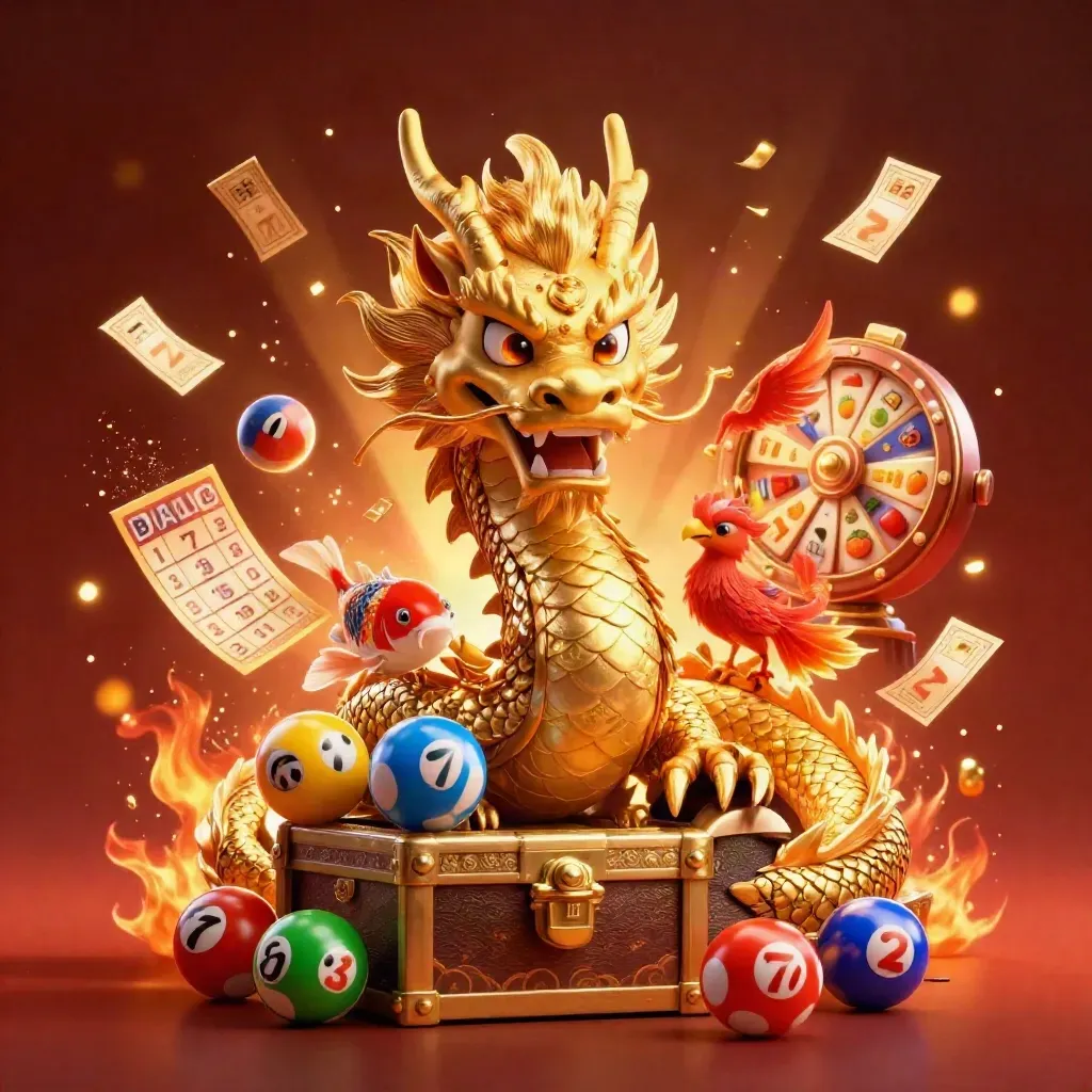 Golden dragon, phoenix, koi, treasure chest, bingo and lottery effects in a luxe casino splash scene.