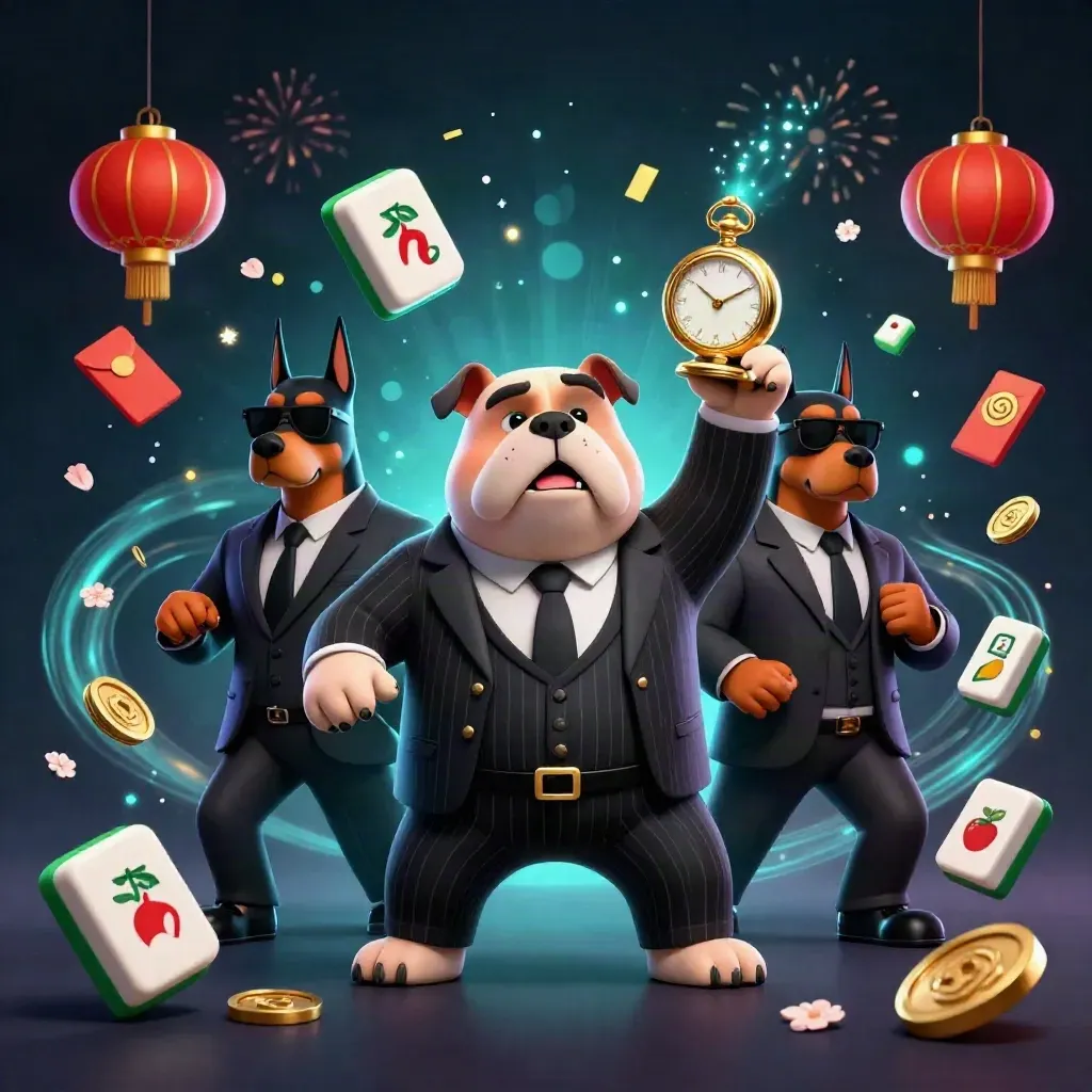 Bulldog casino boss and two Dobermans amid gold tiles, lanterns, jade coins, fireworks, and blue glow.
