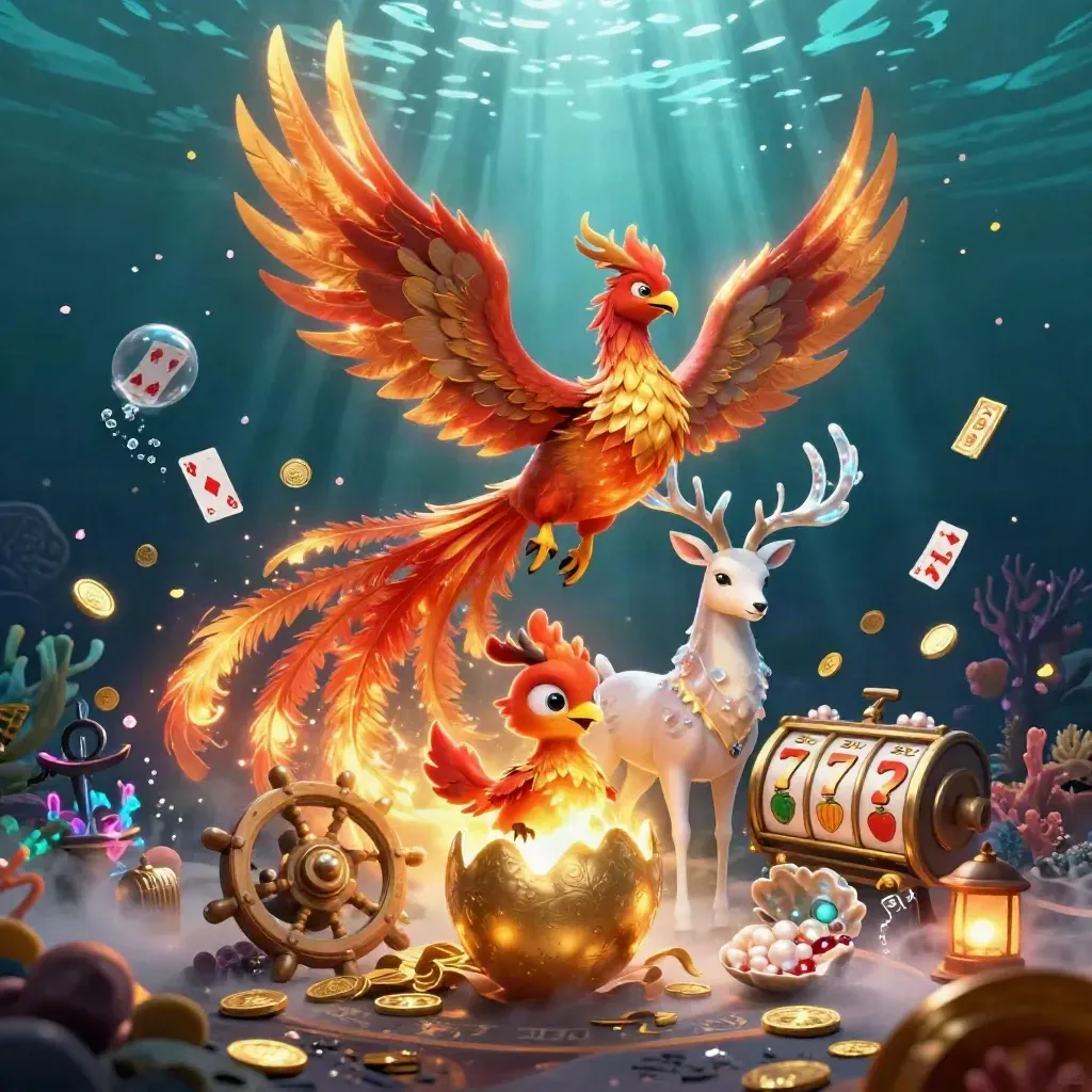 Fire phoenix, baby hatchling, and crystal stag amid underwater treasure and casino symbols