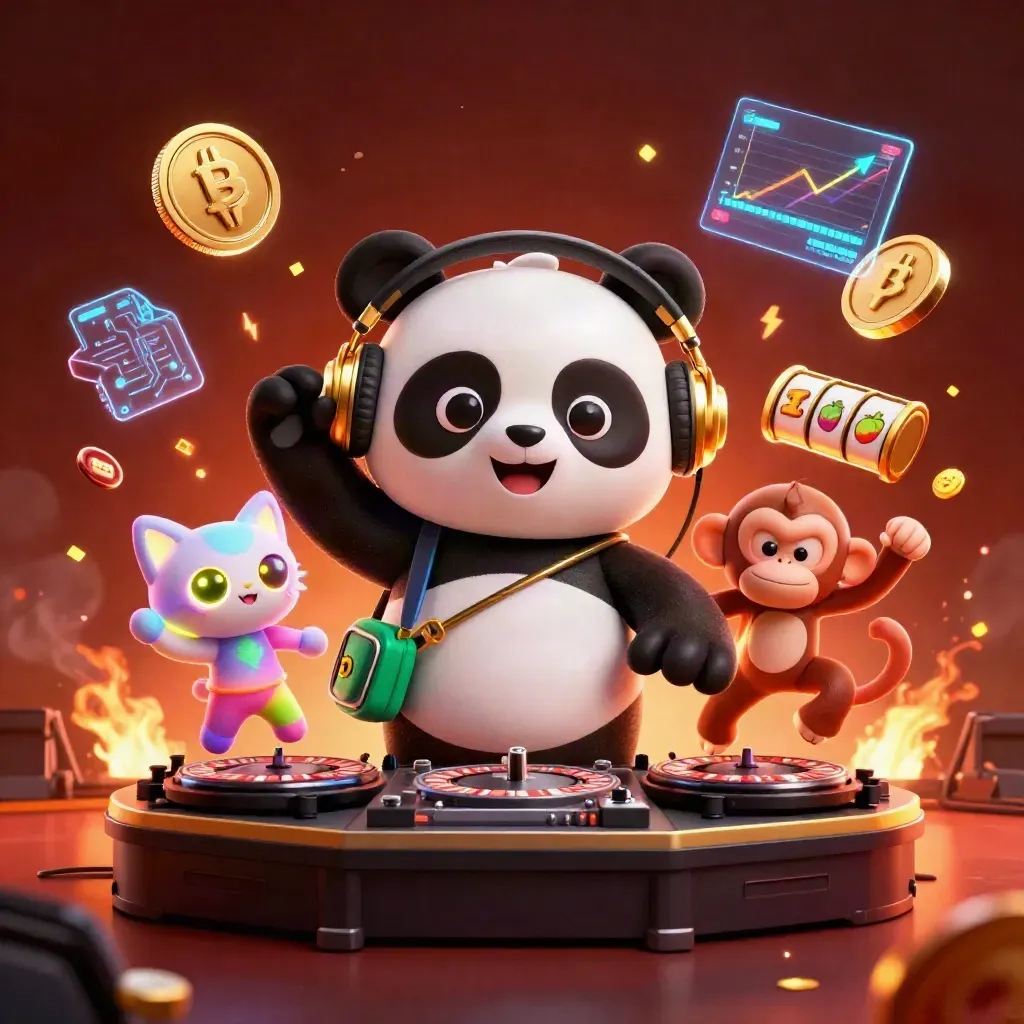 DJ panda, breakdancing monkey, and glow-stick kitten amid neon casino energy and flying coins.