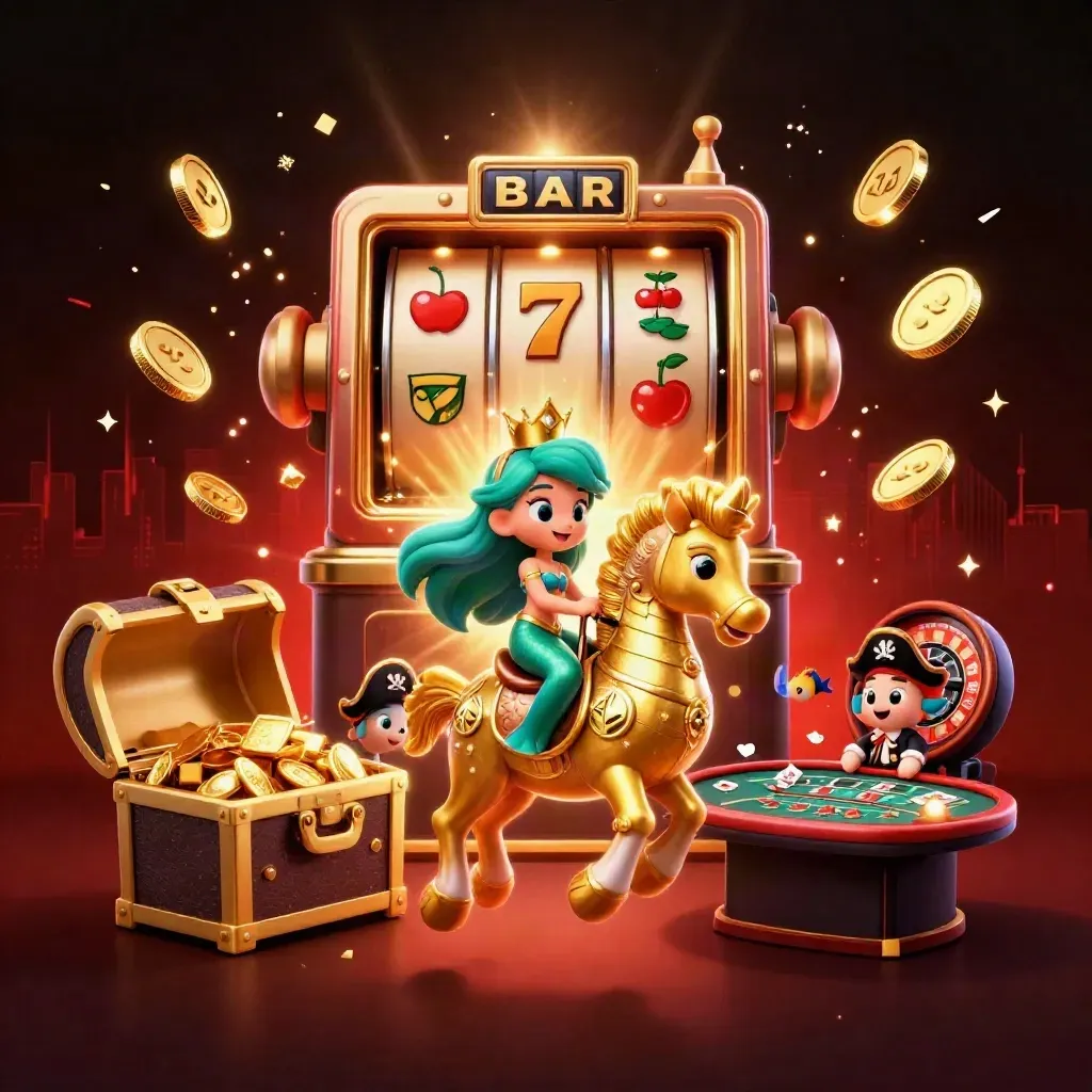 Mermaid princess on a gold seahorse amid slot burst, coins, fireworks, and casino table glow