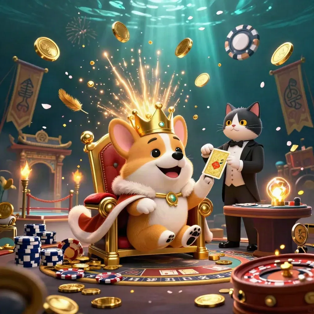 Royal corgi and cat butler amid bursting gold, coins, fireworks, and casino treasures.
