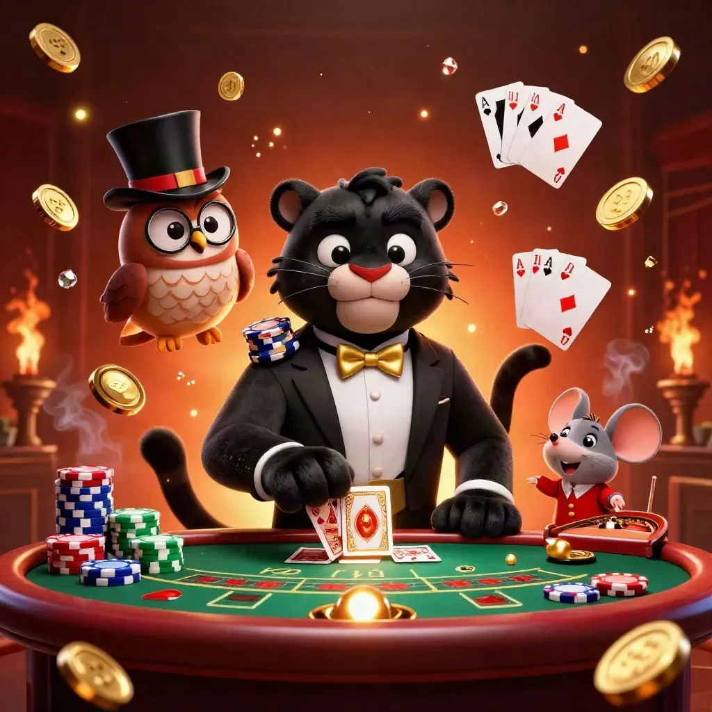 Panther, owl, and mouse celebrate with coins, cards, roulette wheel, and glowing casino riches.