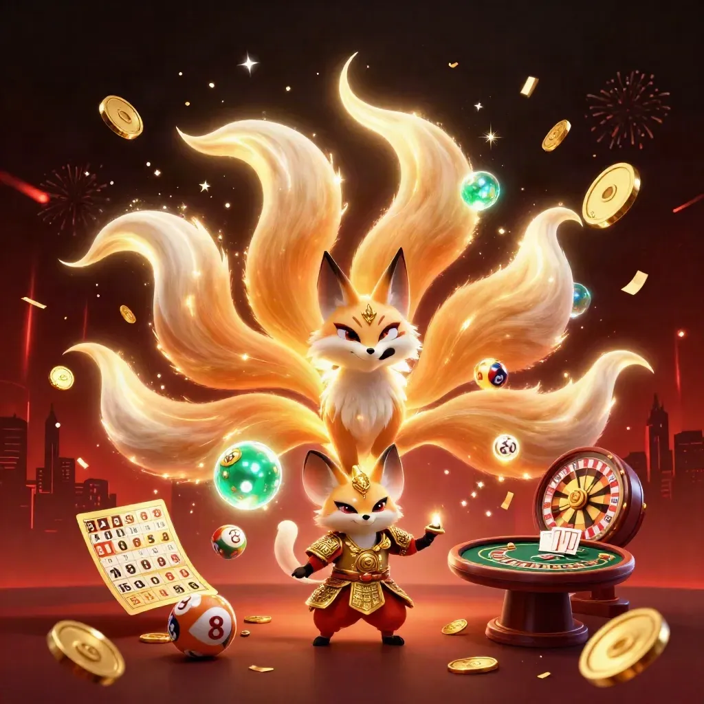 Fox spirit and armored mouse amid coins, fireworks, roulette, lottery balls, and casino glow