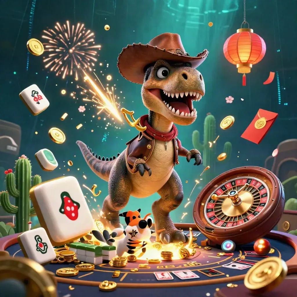 Cowboy T-Rex trio amid coins, fireworks, roulette, cards, and casino glow