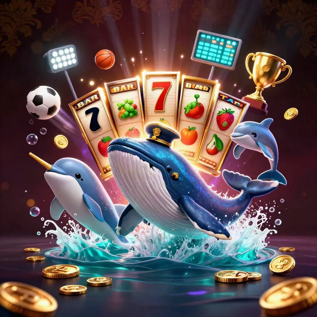 Whale captain, narwhal and dolphins burst from gold coins with casino lights and slot symbols