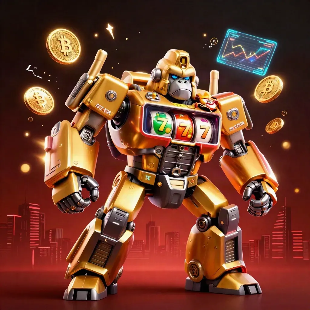 Golden gorilla slot mech with monkey pilot, coins and lightning on a dark red casino glow.