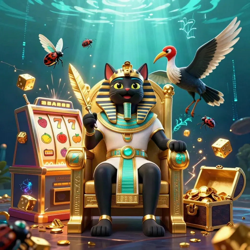 Pharaoh cat, ibis scribe, and scarab beetles amid a bursting slot machine in dark teal light.