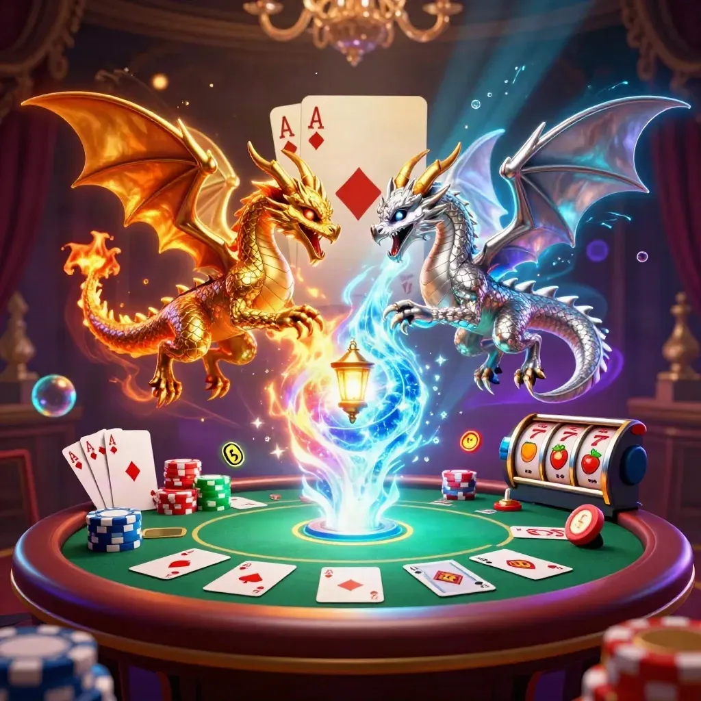 Gold and silver dragons form a yin-yang over casino chips, cards, and glowing reels.
