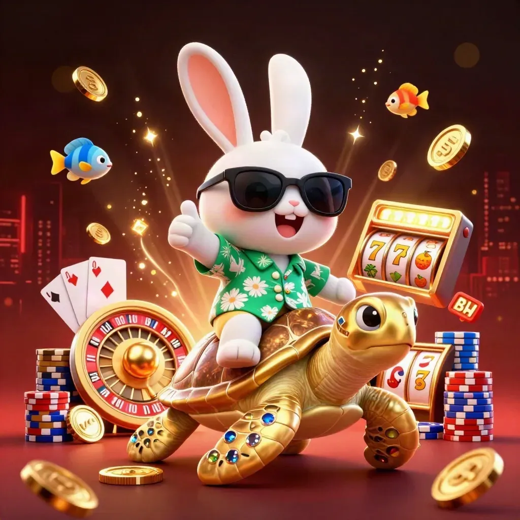 Lucky rabbit rides a golden sea turtle amid coins, cards, reels, chips, and glowing casino effects.